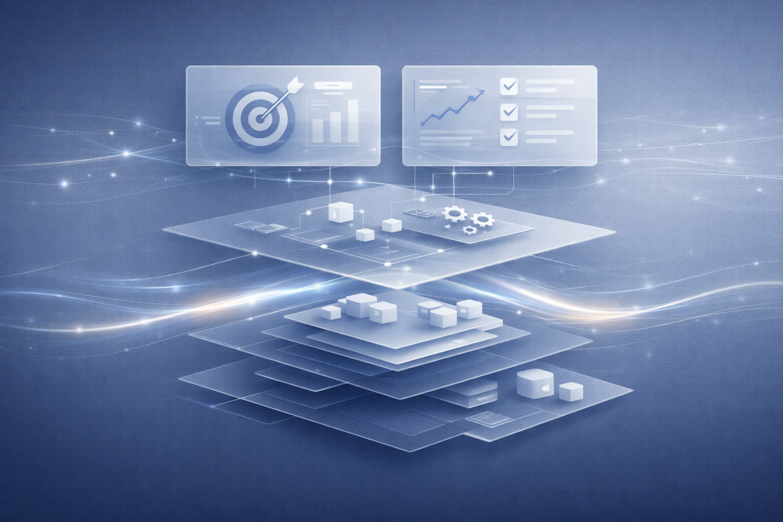 Illustration showing the transition from a single mobile app to a scalable operational system for mid-market businesses.