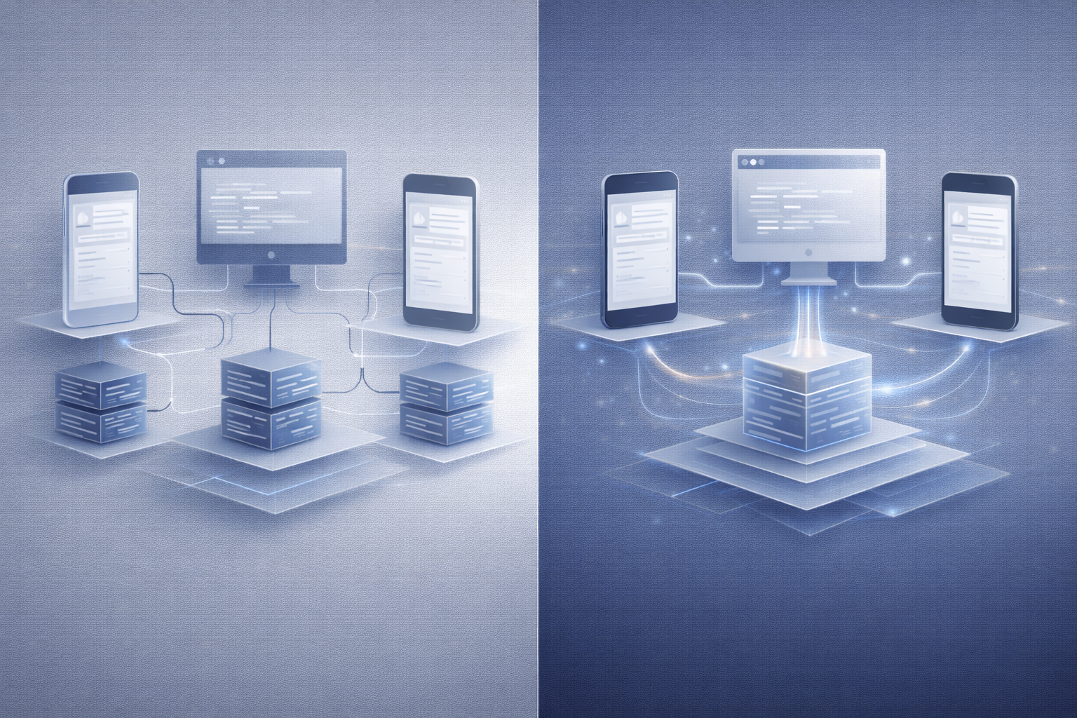 Comparison between native mobile development and Flutter showing how a single codebase reduces complexity for SMBs.
