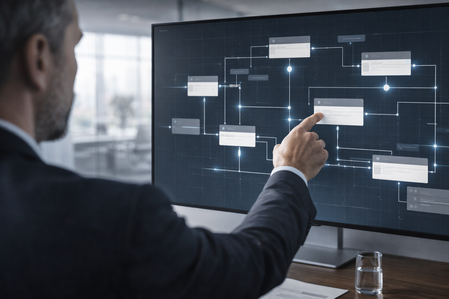 Professional reviewing a structured process flow on a large screen, representing operational execution of digital transformation for SMBs.