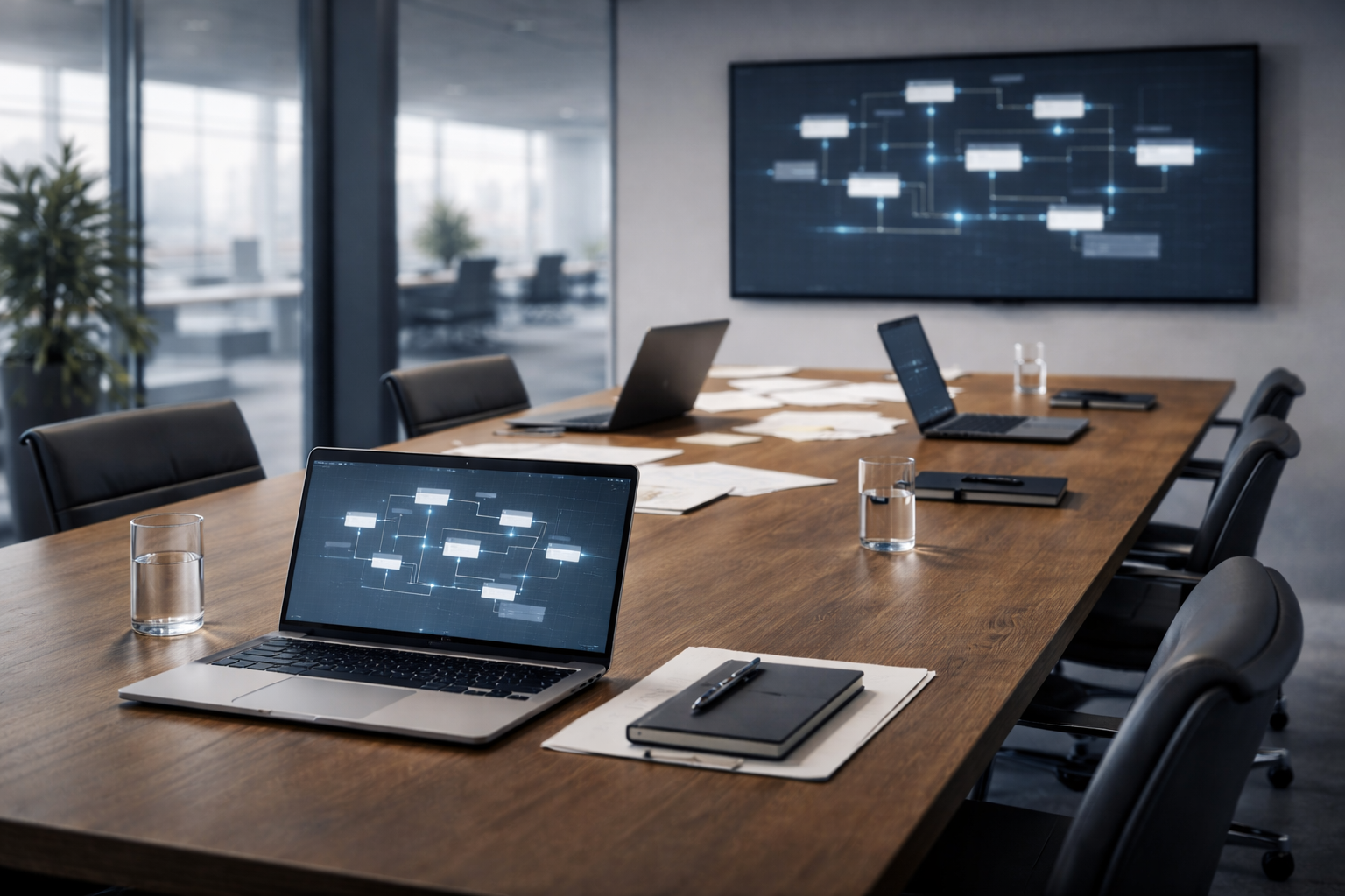 Close-up of an organized workspace with multiple devices showing connected system workflows, illustrating system-based digital transformation for SMBs.