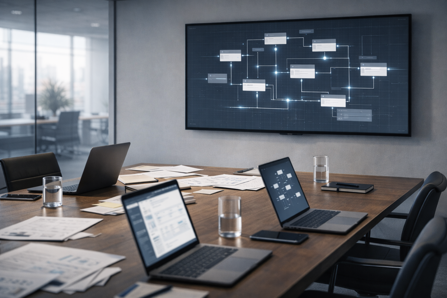 Progressive office workspace showing a small setup evolving into a larger organized system, symbolizing scalable digital transformation for SMBs.