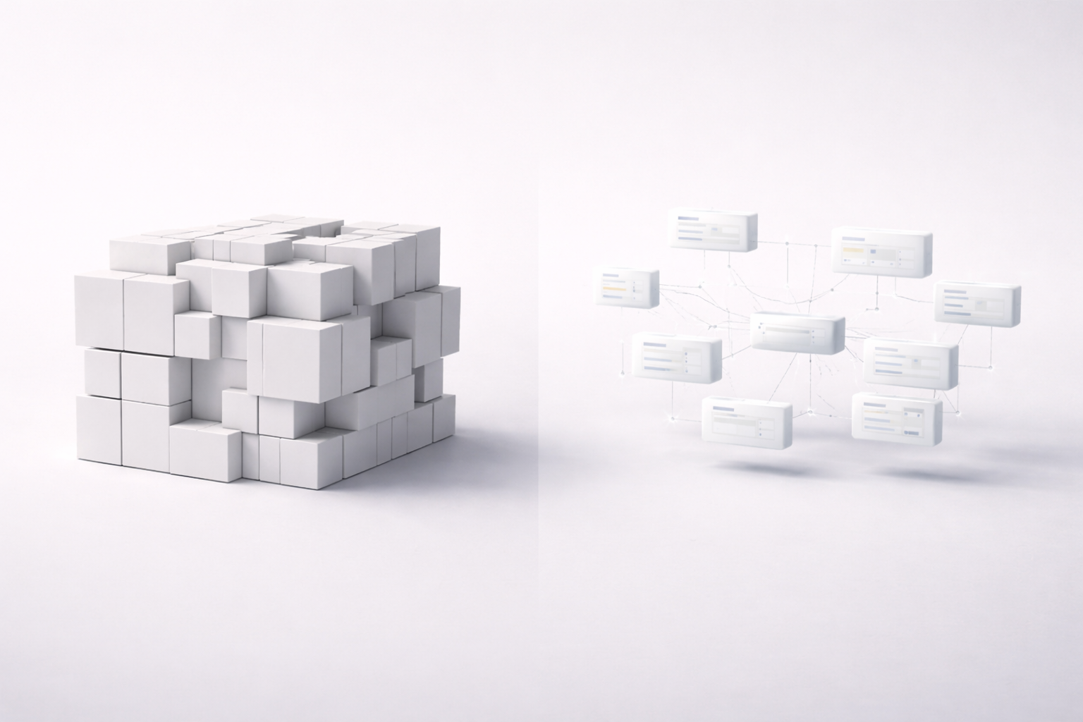Abstract comparison between a rigid monolithic ERP structure and a flexible modular operational system for SMBs.