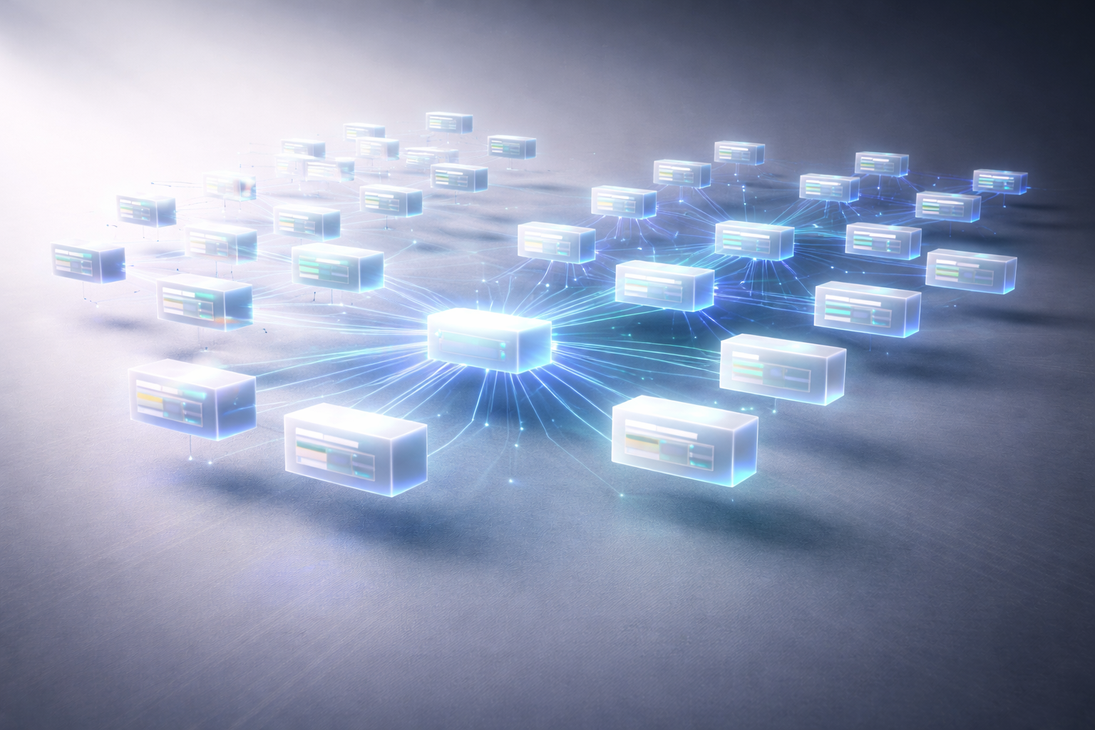 Vibrant modular system expanding in an organized way, representing scalable SMB operations without traditional ERP complexity using Airtable OMNI.