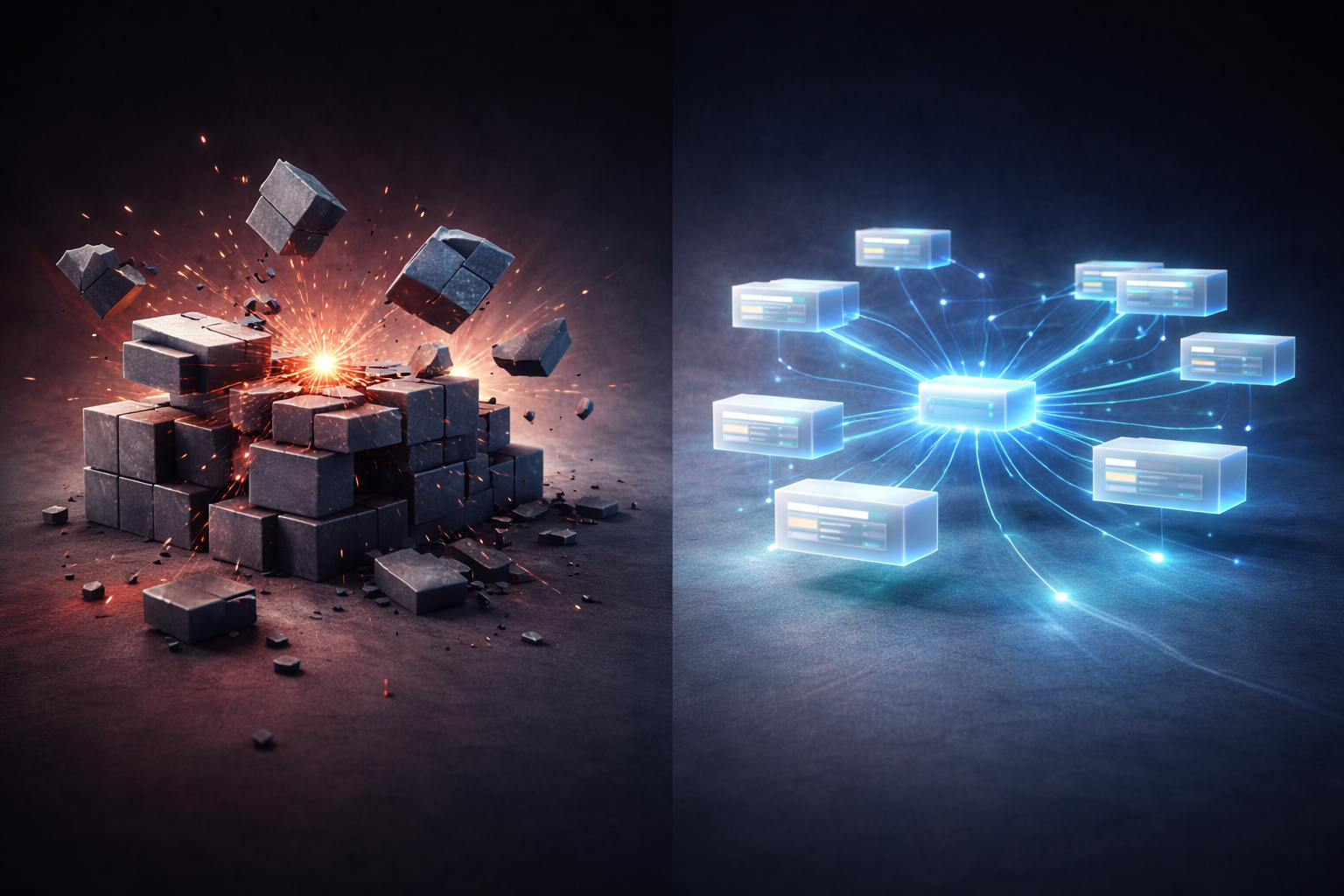 Abstract comparison between disruptive software replacement and smooth workflow automation for SMB digital transformation.