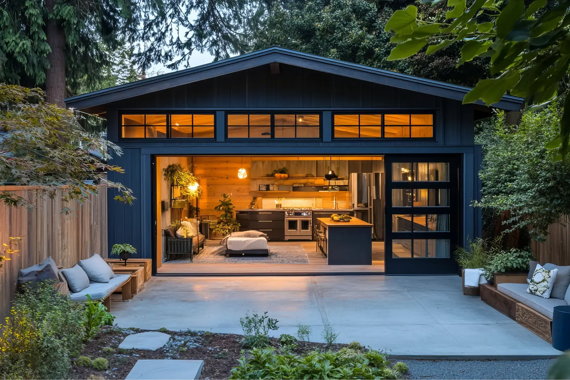 A modern backyard guesthouse with a dark exterior, large glass garage-style doors, and a warmly lit open-concept interior. The space features a cozy living area, a stylish kitchen with dark cabinetry and wooden accents, and an island with bar seating. The landscaped outdoor area includes built-in wooden benches with cushions, greenery, and a concrete patio, creating a seamless indoor-outdoor living experience.