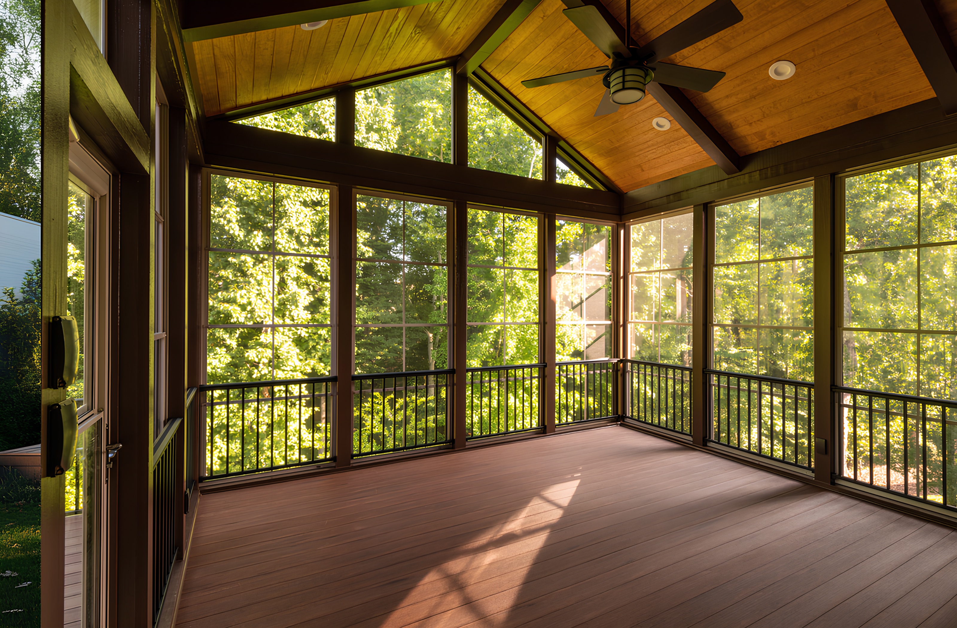 Spacious screened-in porch with wooden deck and ceiling fan, surrounded by lush green trees.
