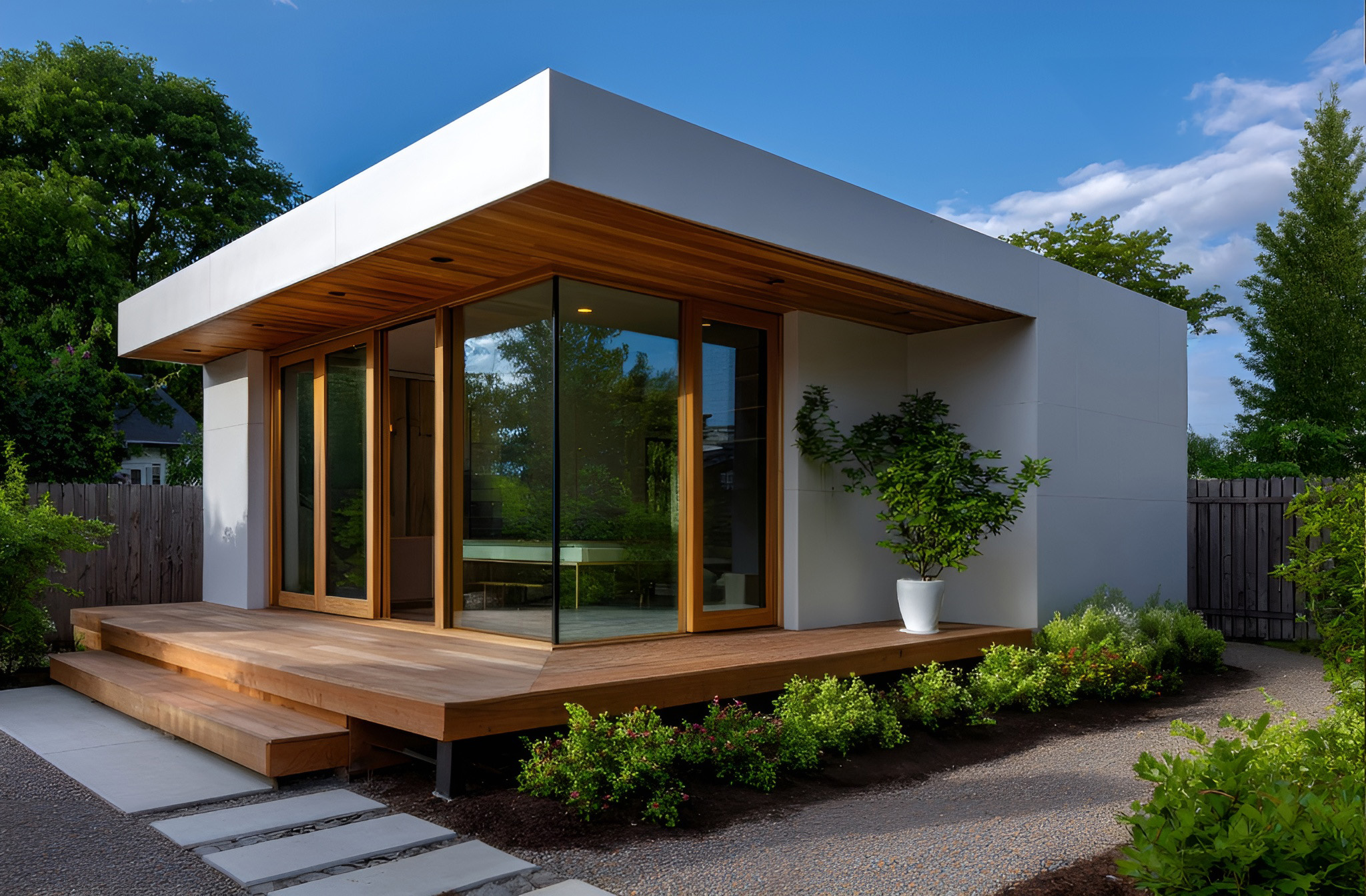 Modern tiny house with wooden deck, surrounded by lush greenery under a clear blue sky.