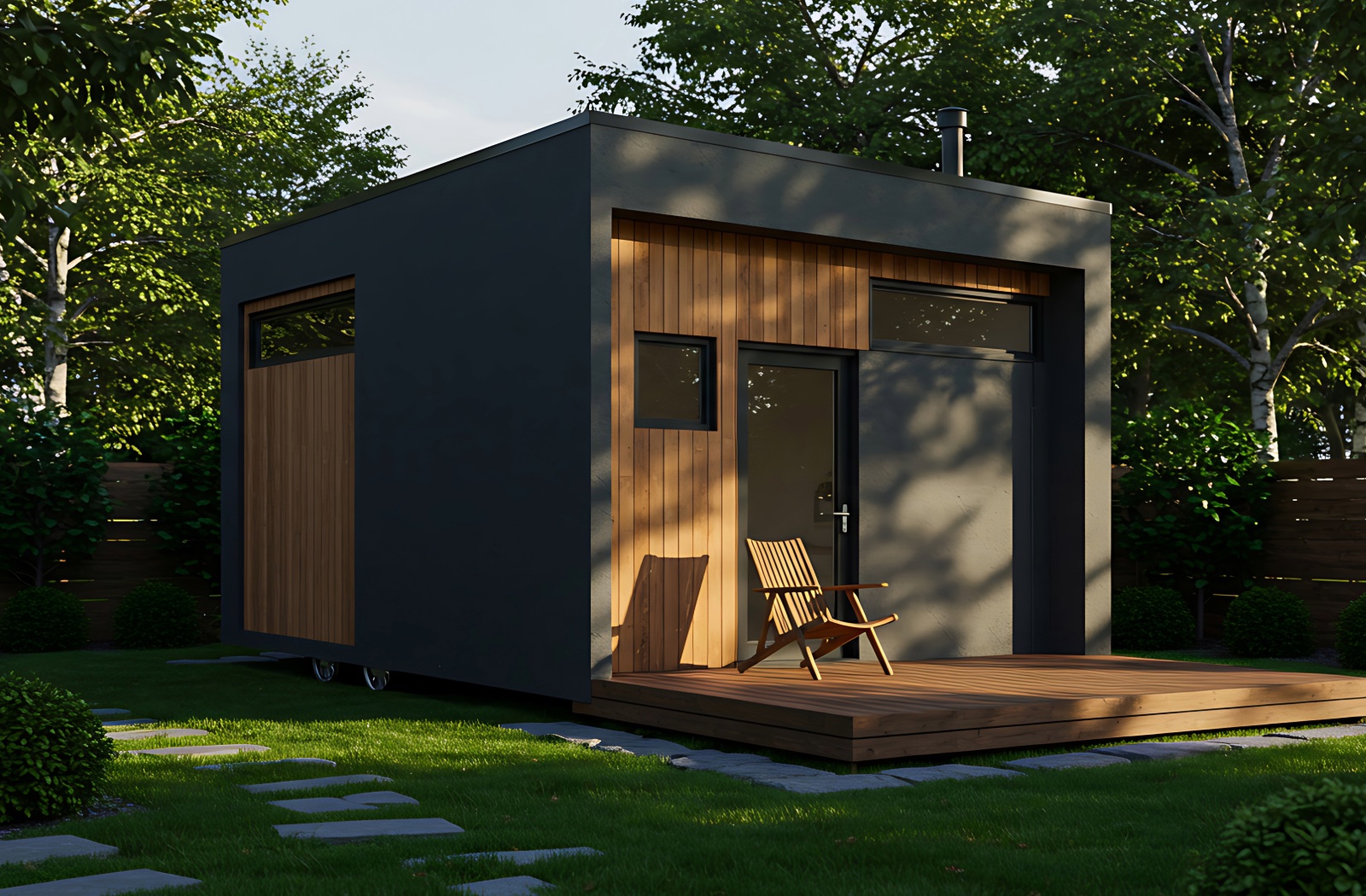 Modern tiny house with wooden deck and chair, surrounded by lush greenery and trees.