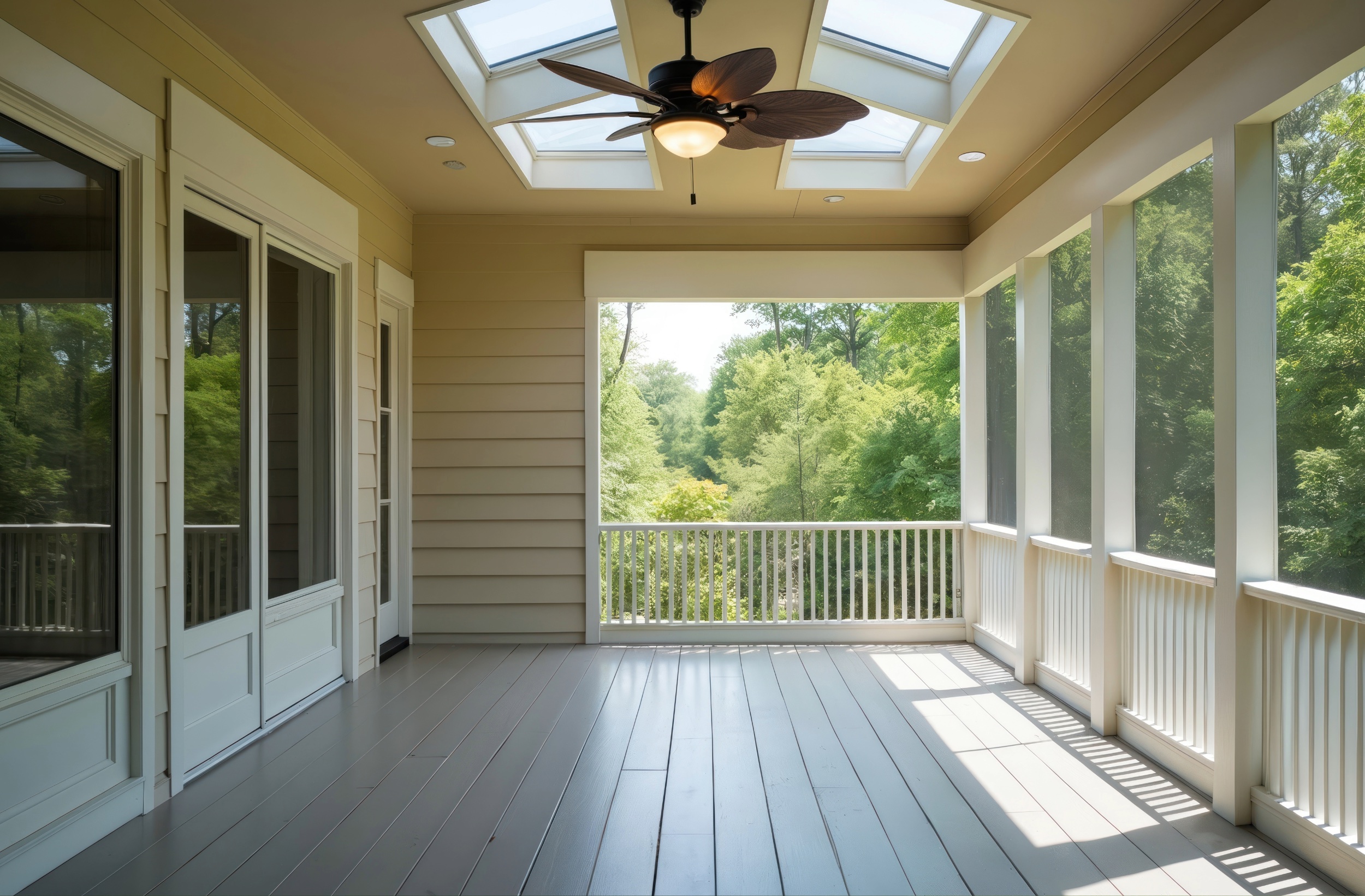 Spacious screened porch with skylights and ceiling fan, overlooking lush green forest.