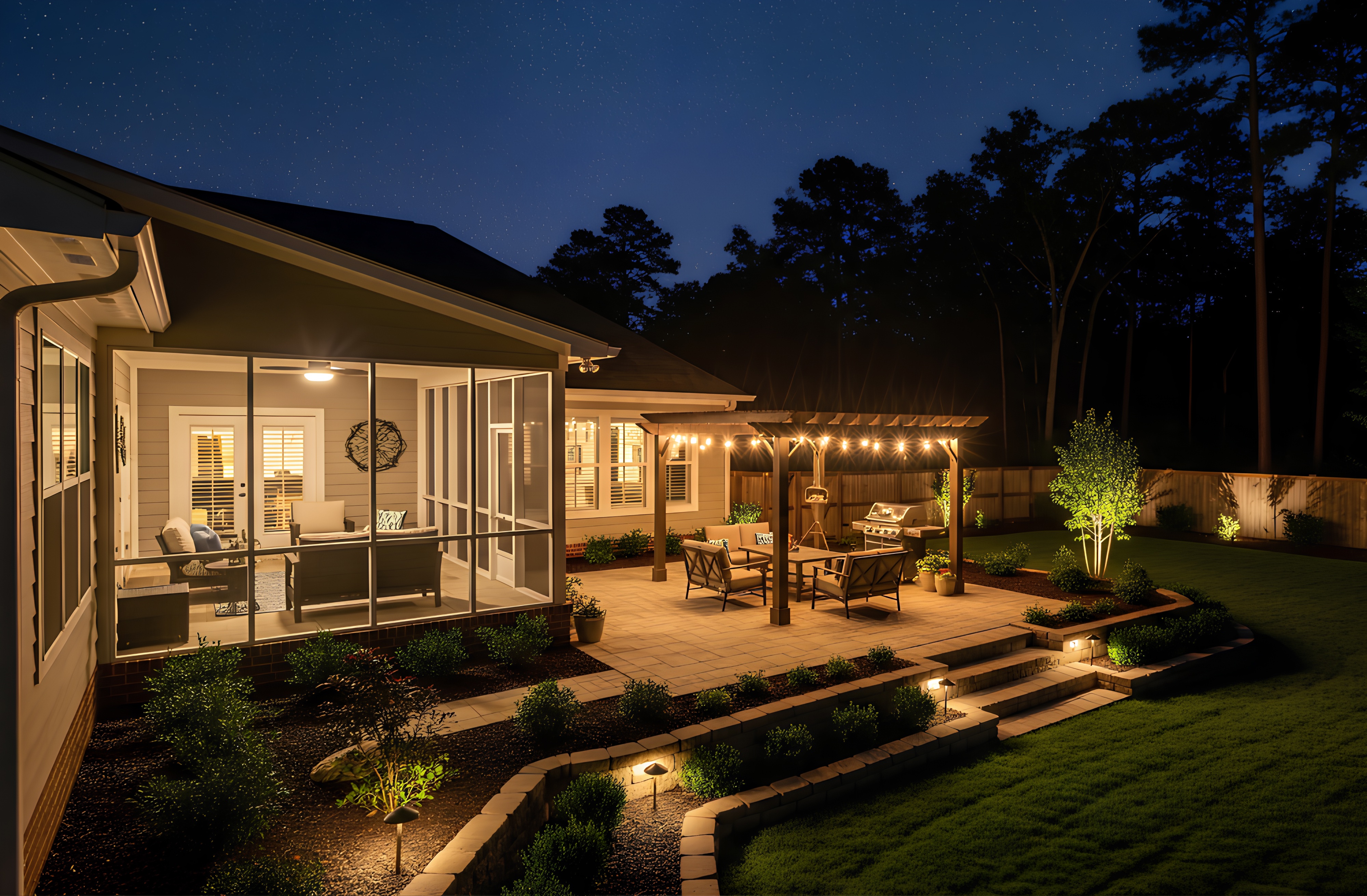Cozy backyard patio with string lights, outdoor seating, and a grill under a starry night sky.