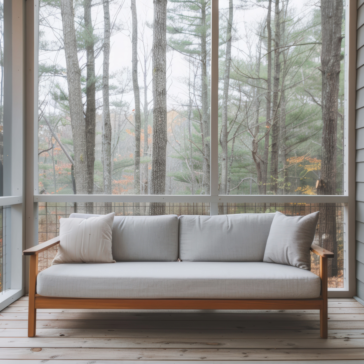 Modern outdoor sofa with cushions on a wooden deck, surrounded by trees and a screened porch.