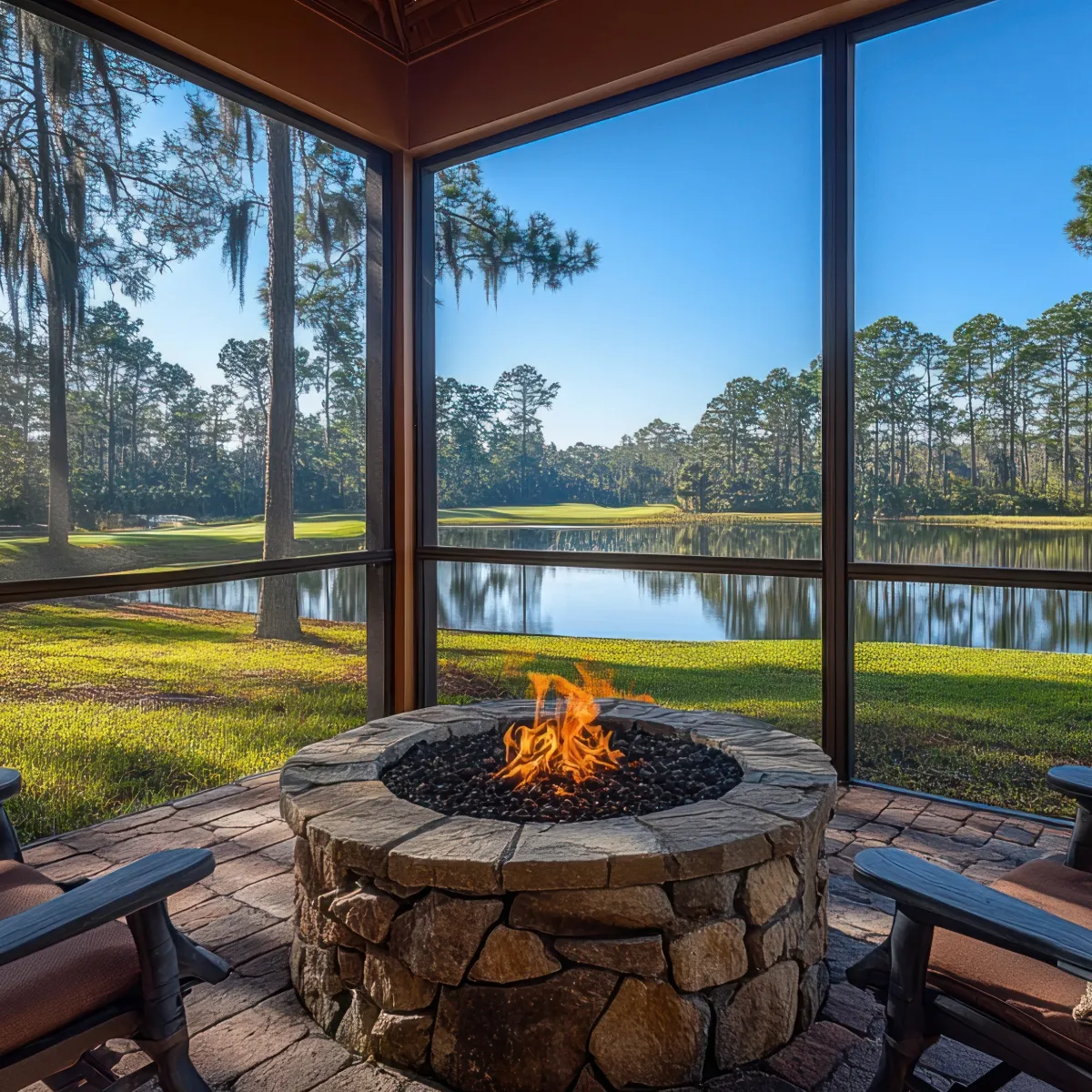 Outdoor patio with stone fire pit overlooking serene lake and lush pine trees under a blue sky.