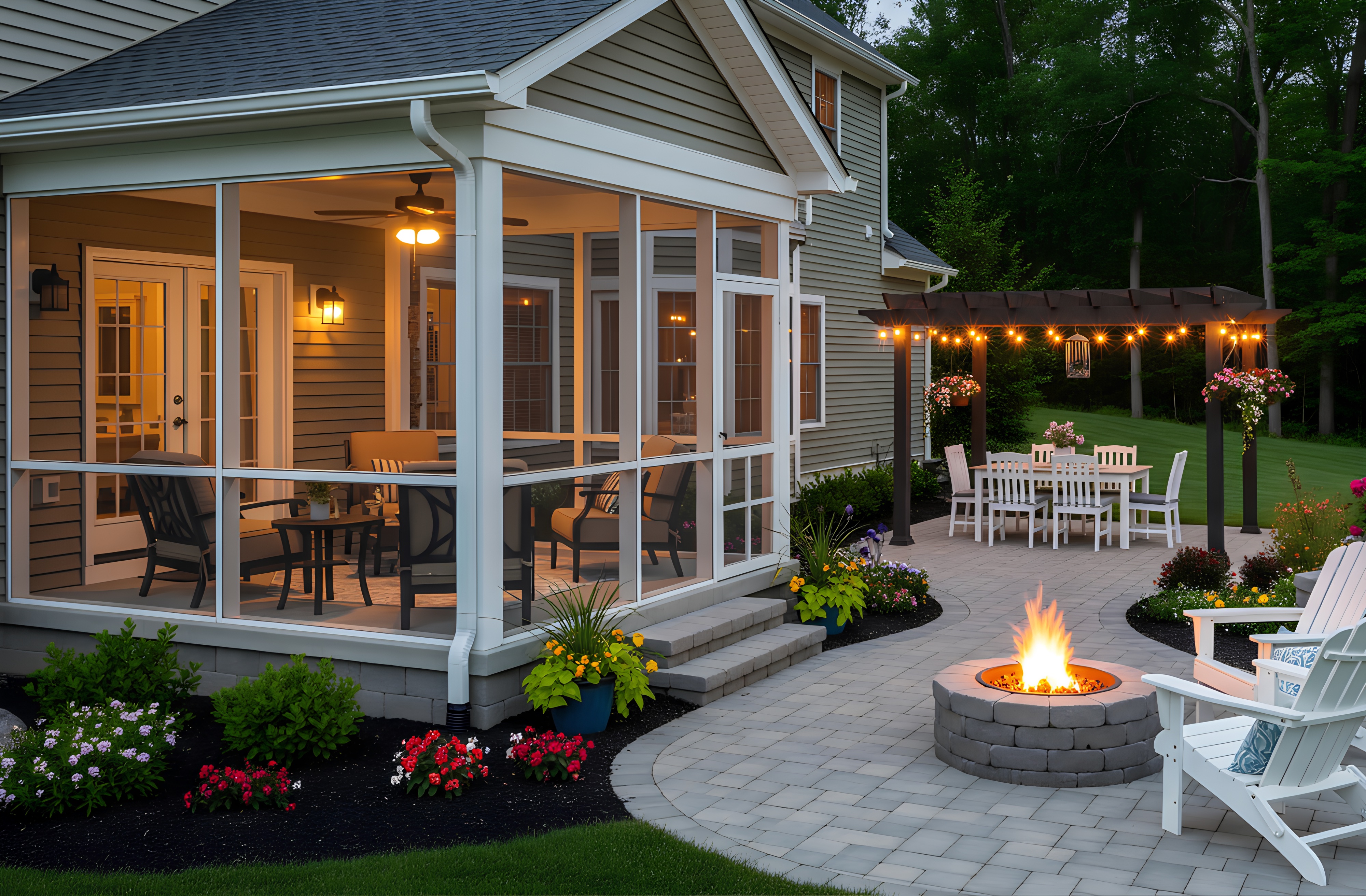 Cozy backyard patio with fire pit, string lights, and seating area surrounded by lush greenery and flowers.