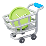 Miniature shopping cart holding a large green clock with white hands and markings.