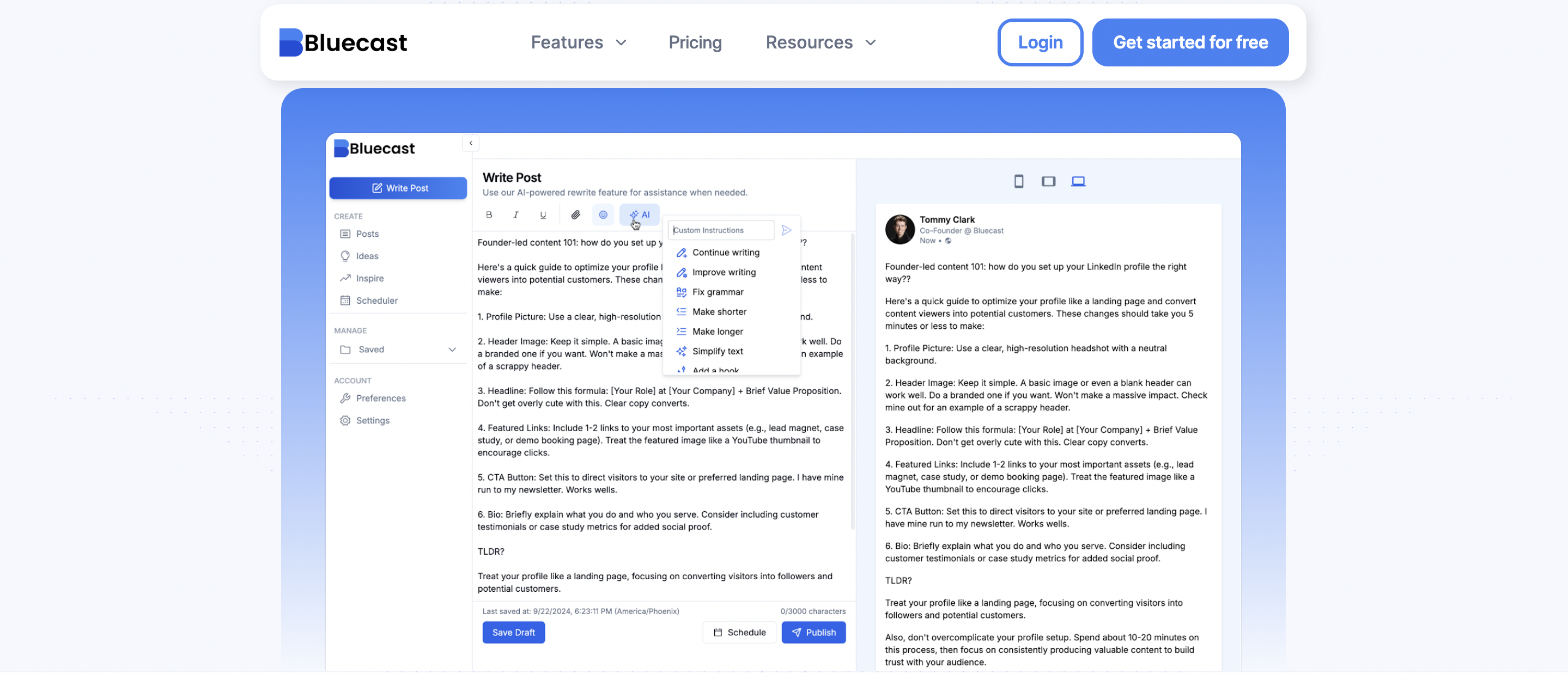 Bluecast Writer - LinkedIn Content Ideas