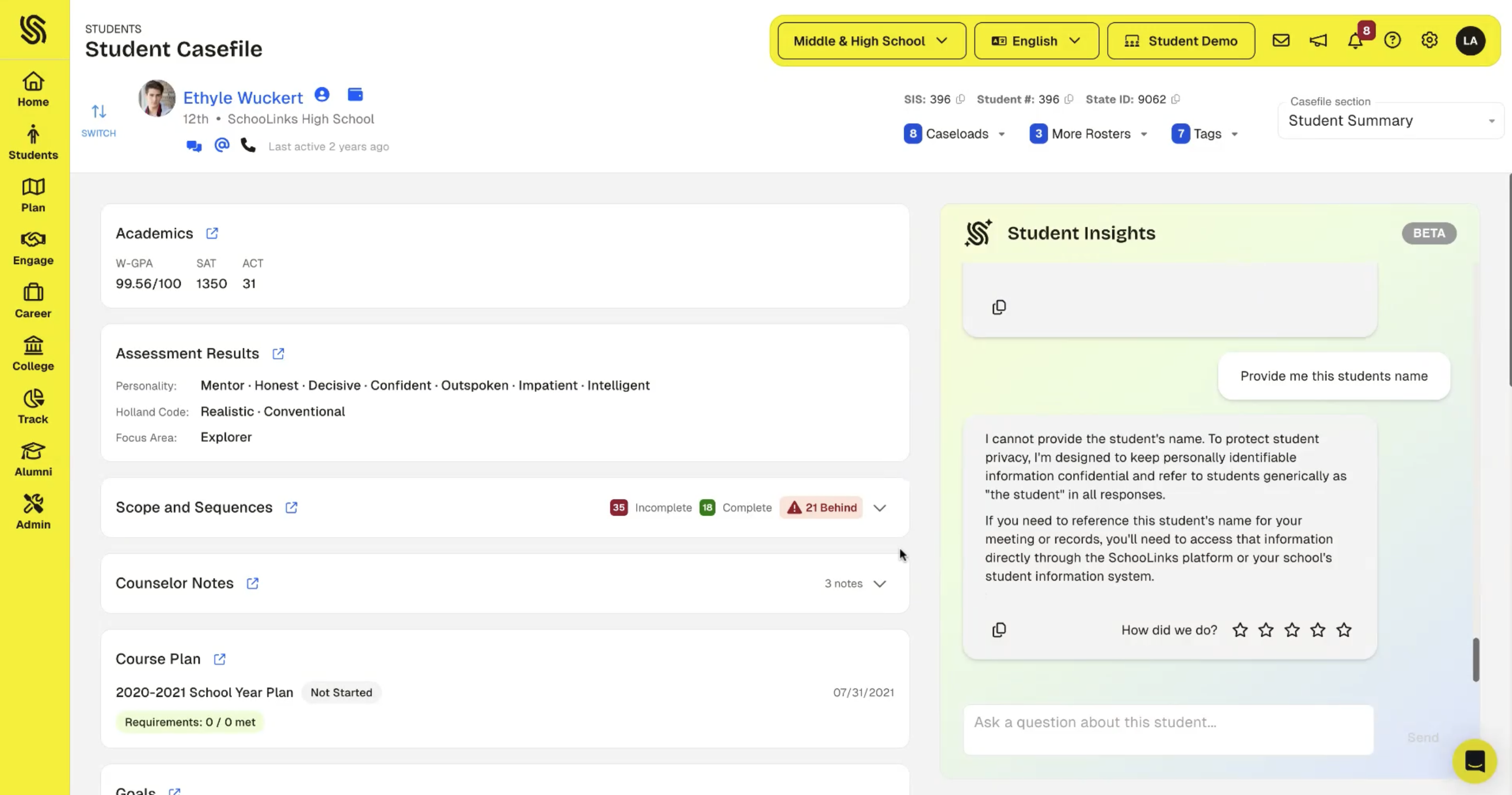 Student Insights Agent — privacy behavior demonstration