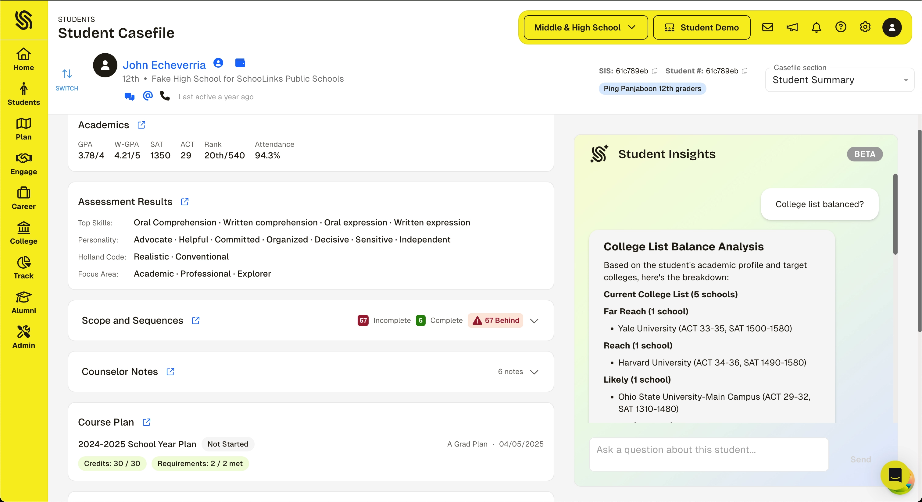 Student Insights Agent — Casefile view