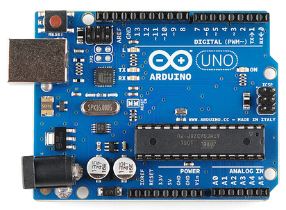 Arduino UNO microcontroller board with digital and analog pins displayed