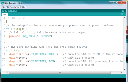 Arduino IDE displaying C++ code with setup and loop functions for microcontroller programming