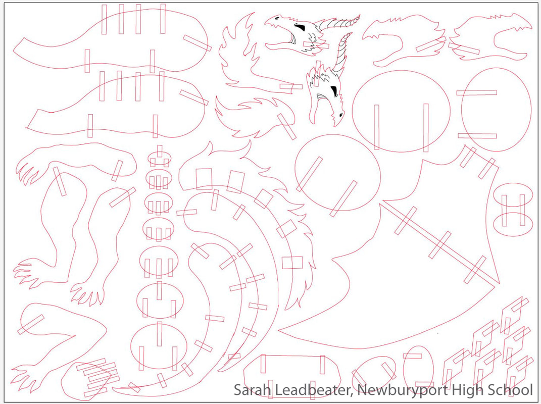 Pink line drawing of dragon character with anatomical parts and stitching details