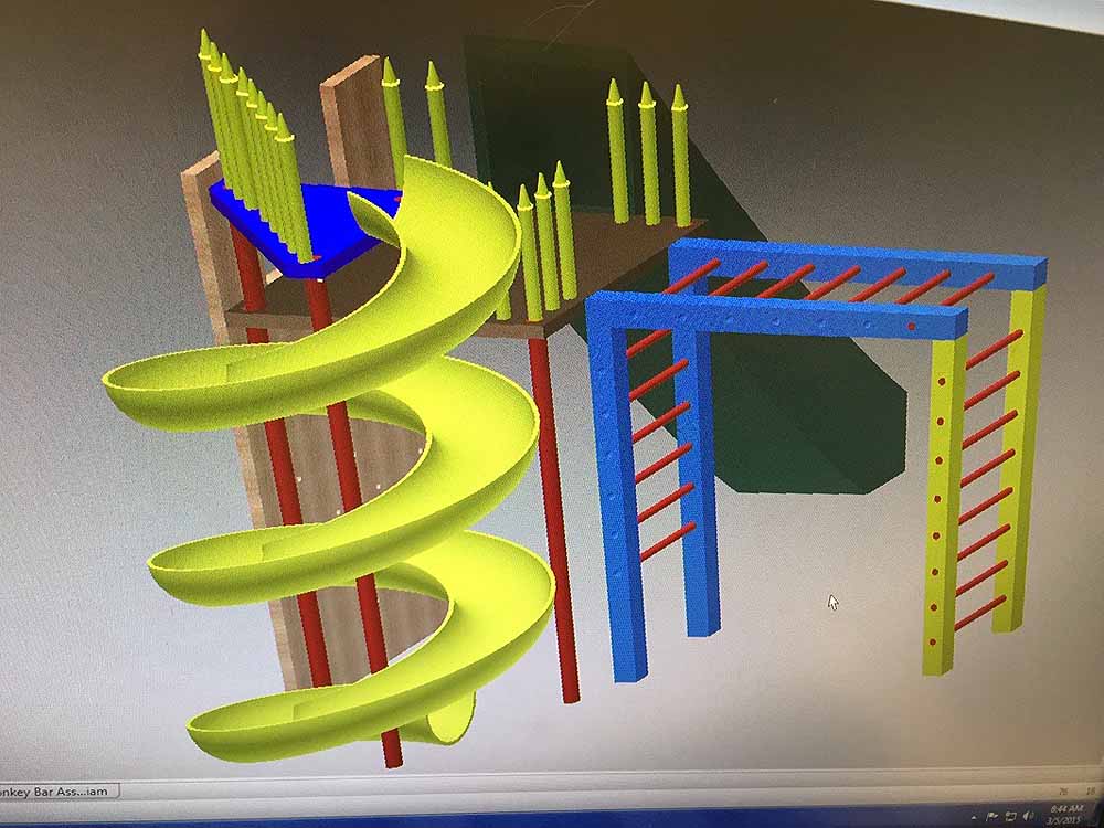 Colorful 3D playground design with yellow spiral slide, blue structure, and climbing elements