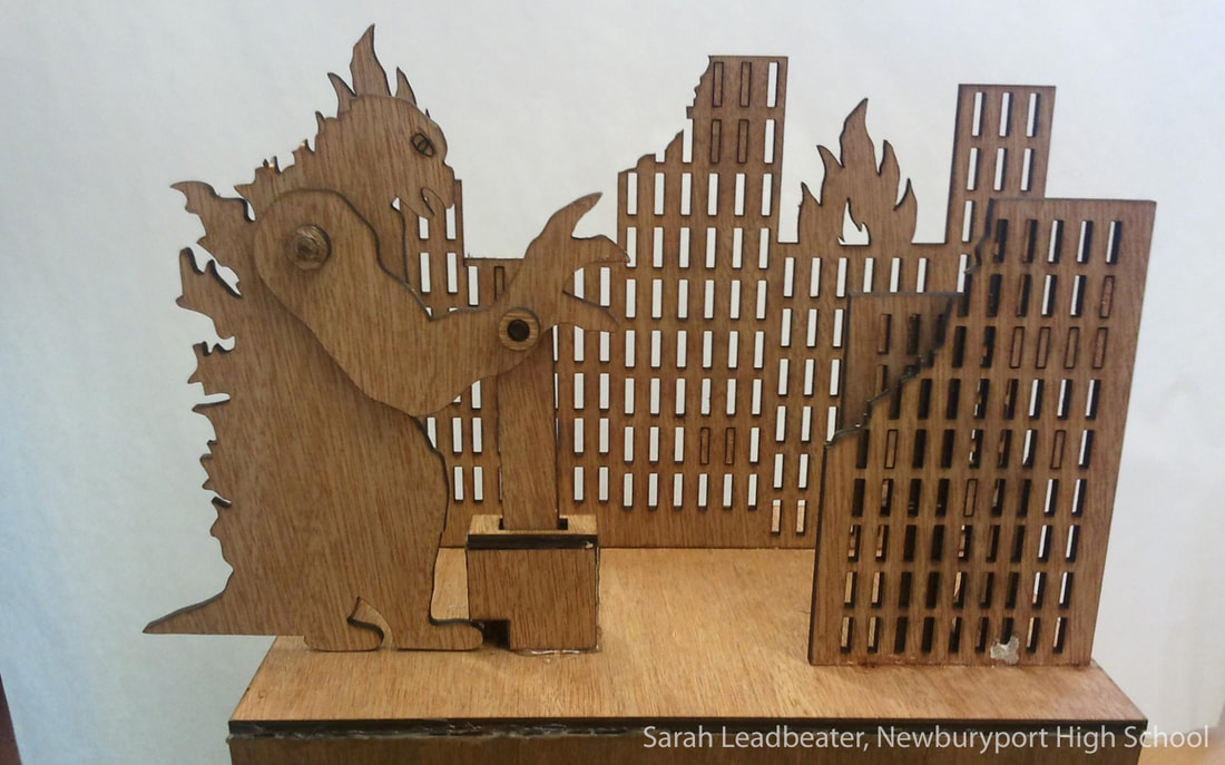 Wooden dragon sculpture with cutout city buildings representing urban landscape