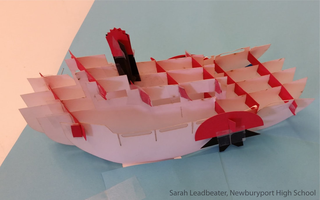 3D paper swan sculpture with pink, red, and black geometric shapes on pastel background