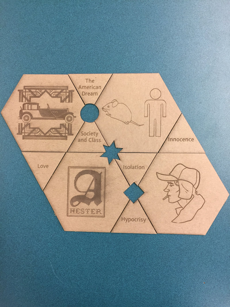 Wooden hexagonal puzzle displaying themes from The Crucible: American Dream, society, innocence, love, isolation, and hypocrisy.