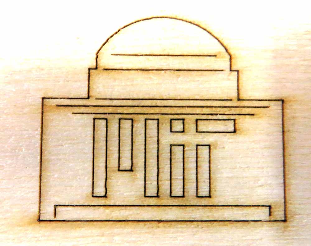Engraved wooden architectural drawing of classical building with dome and columns