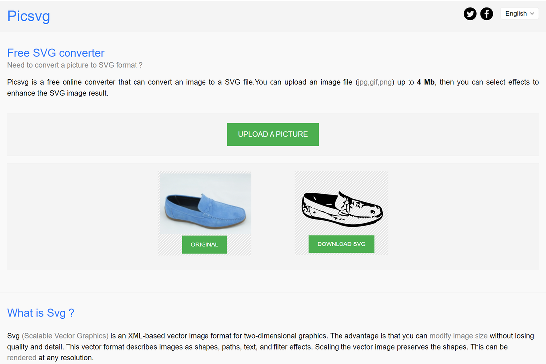 Picsvg free SVG converter tool showing image to vector conversion example with shoe.