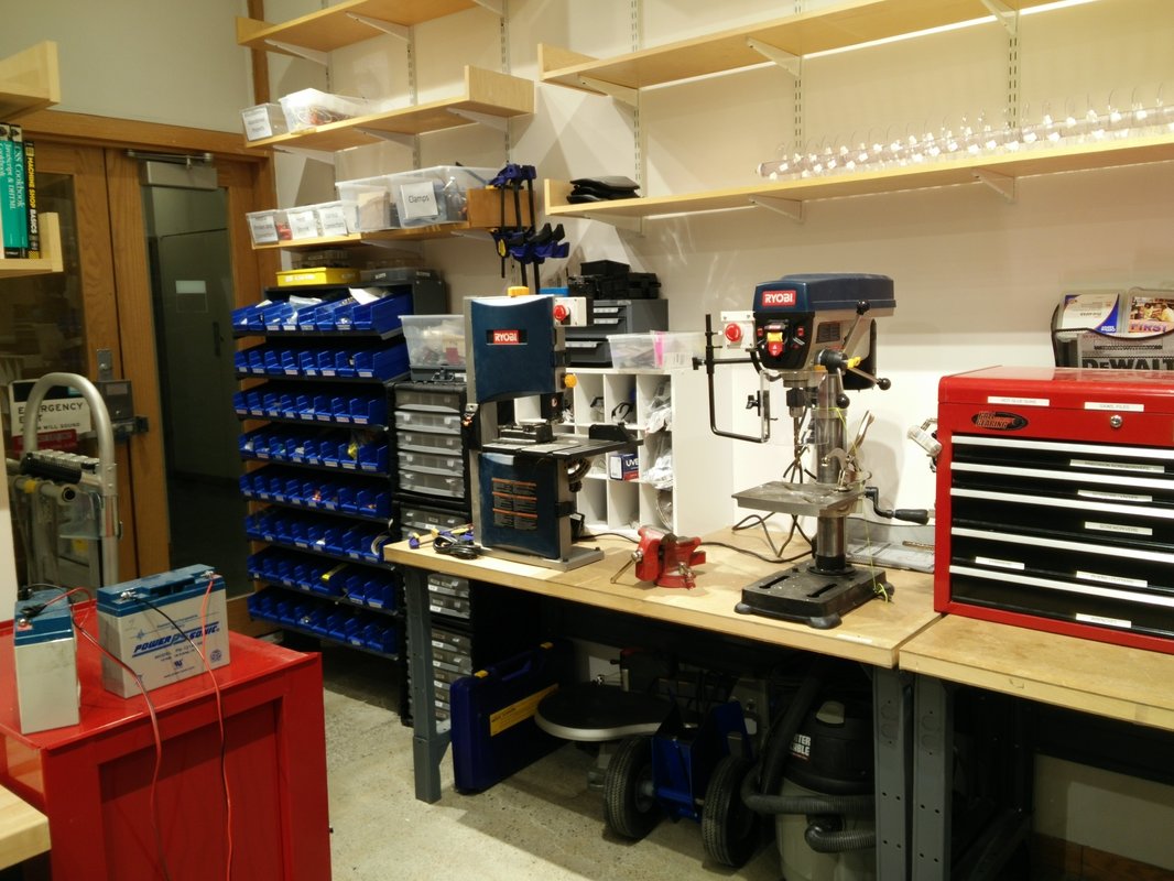 The "shop" end of this Makerspace contains a hardware drawer and a few simple power tools.