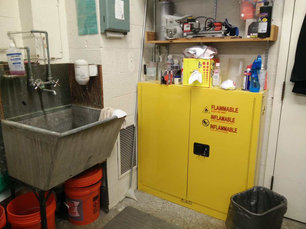 Flammable paints, glues, and solvents are safely stored in a locking metal cabinet.