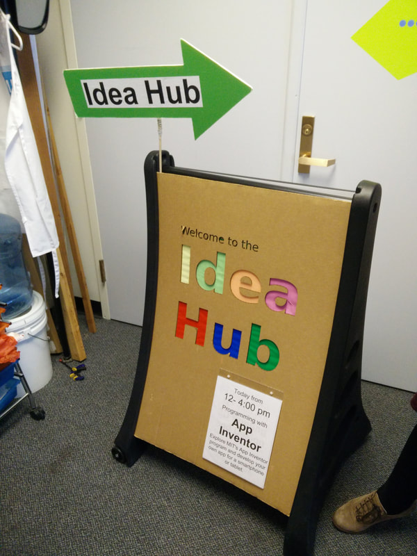 Welcome signage - giving the Makerspace a name reminds users and guests of its importance. This one doubles as an ad hoc announcement board.