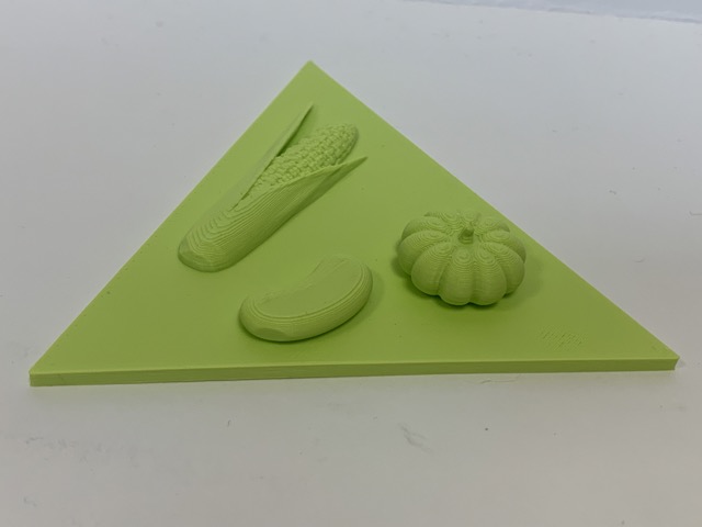 a 3D printed object made of a short triangle with corn, squash, and beans the surface.