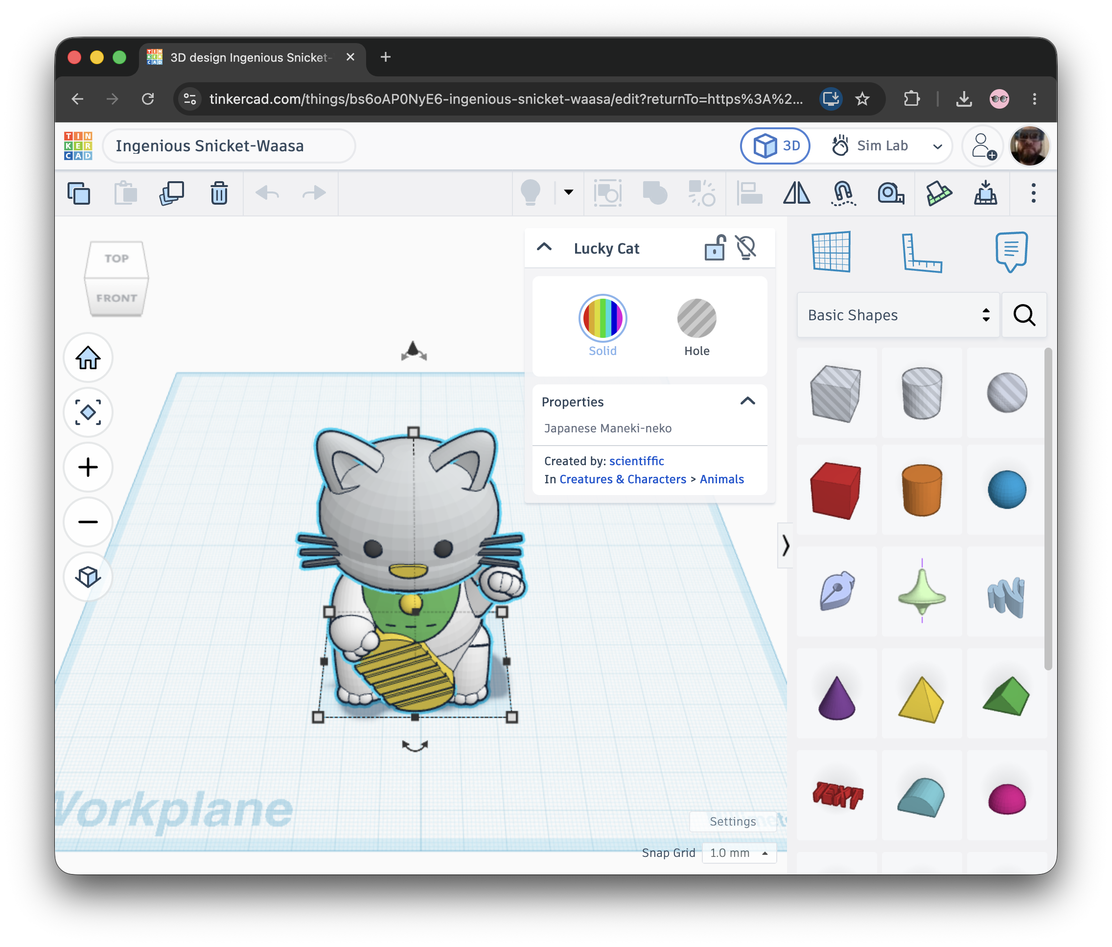 a screenshot showing a lucky cat statue in Tinkercad