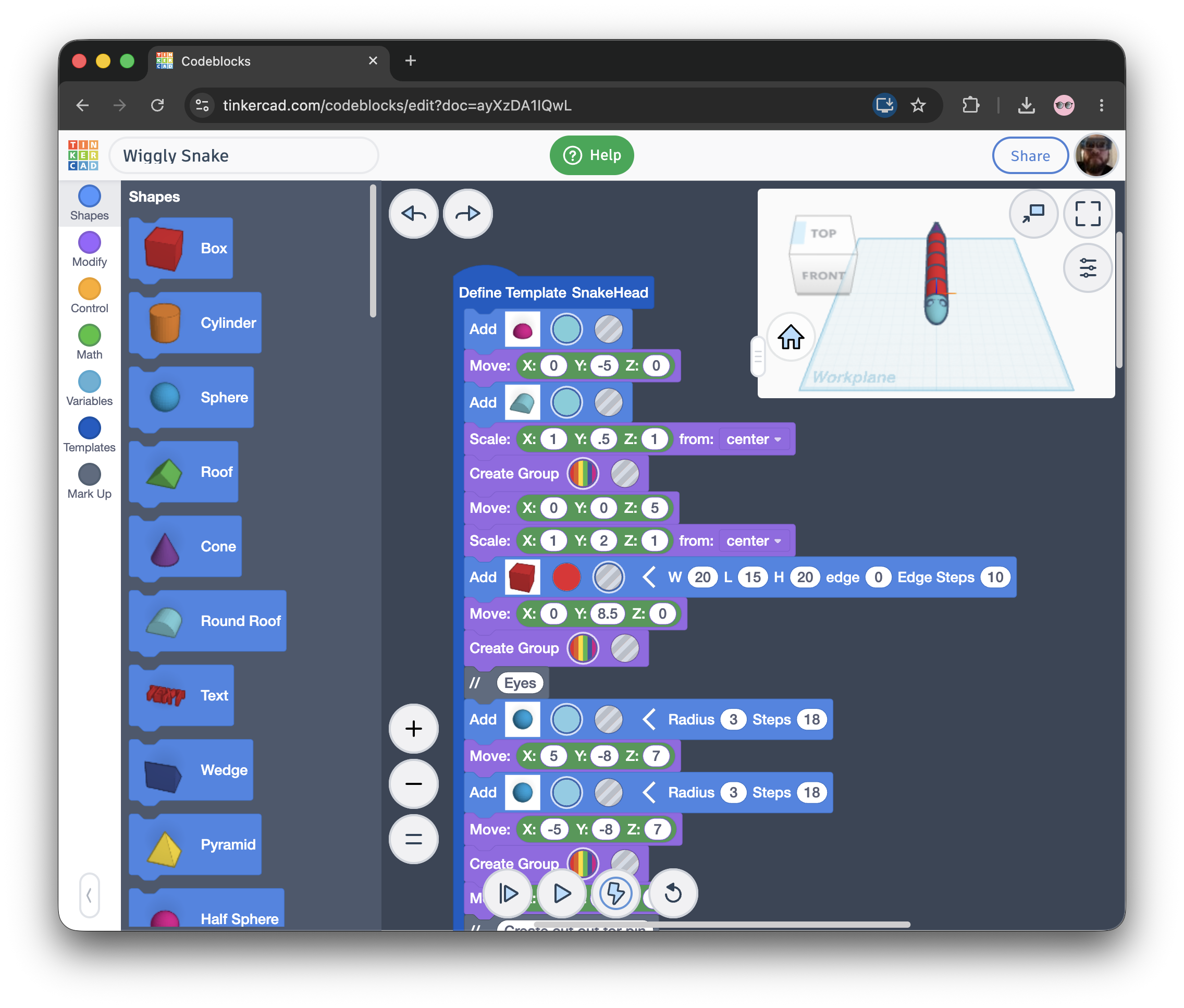 a screenshot of a wiggly snake in Tinkercad Codeblocks