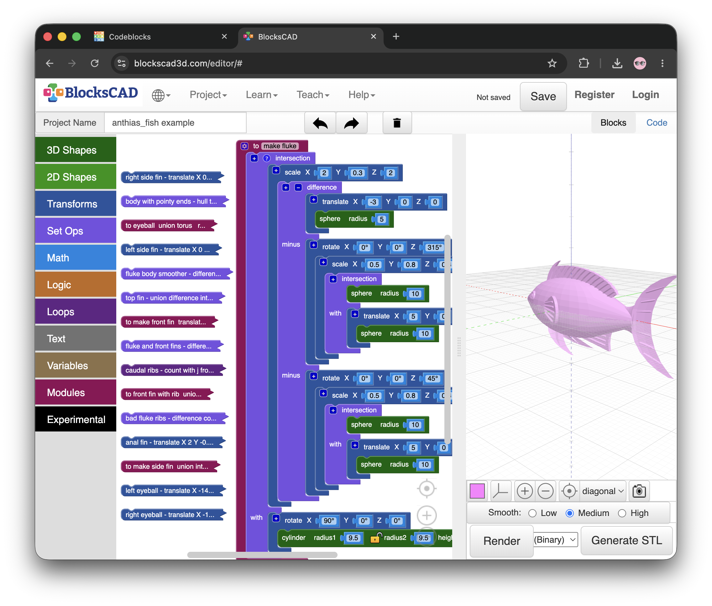 A screenshot of a fish model in BlocksCAD