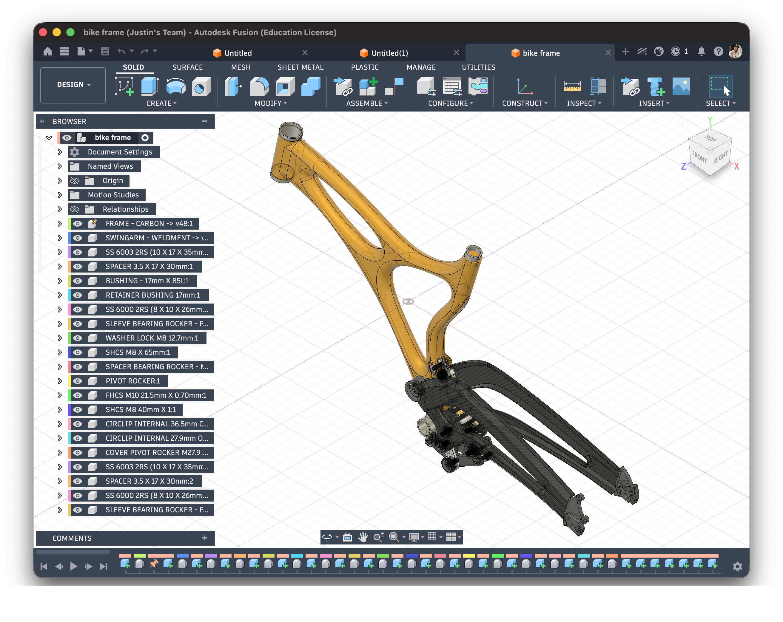 screenshot showing a model of a bicycle frame in Autodesk Fusion