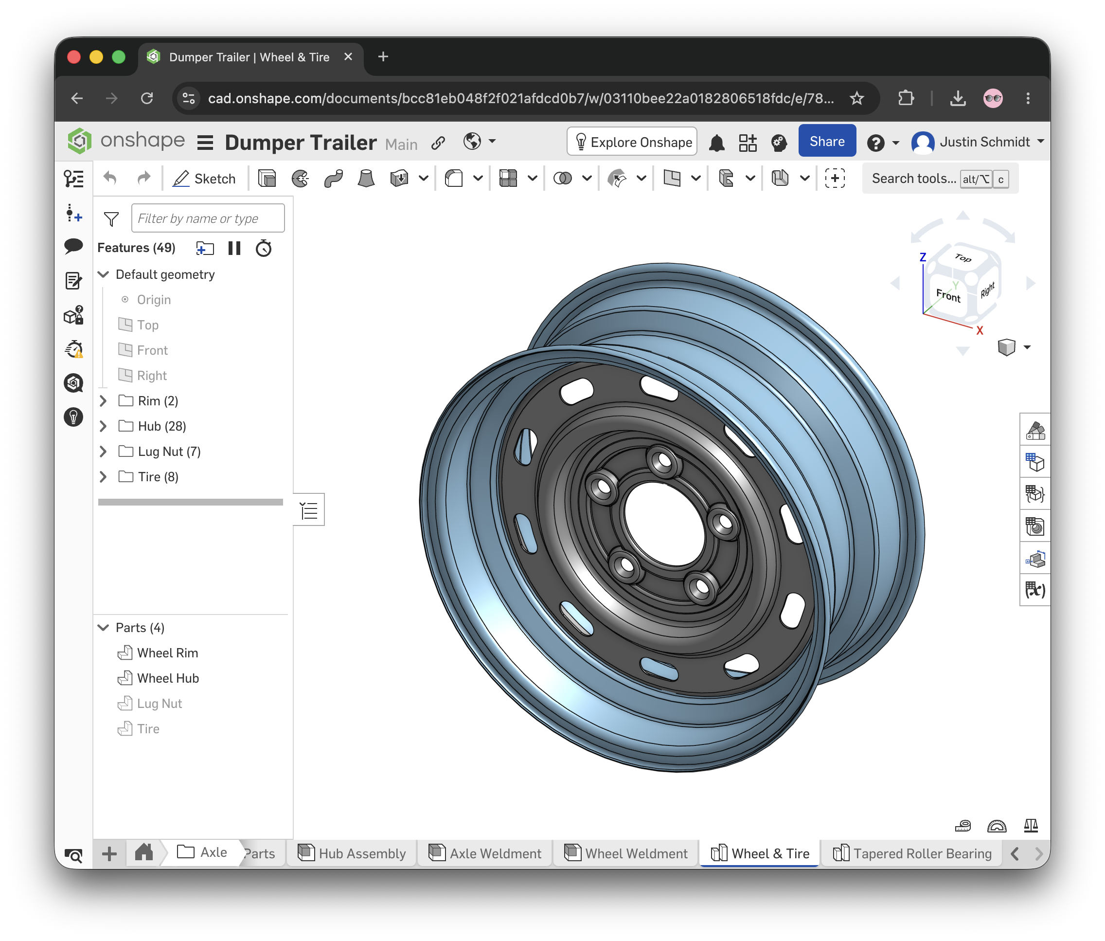 a screenshot showing a model of a steel wheel rim in onshape