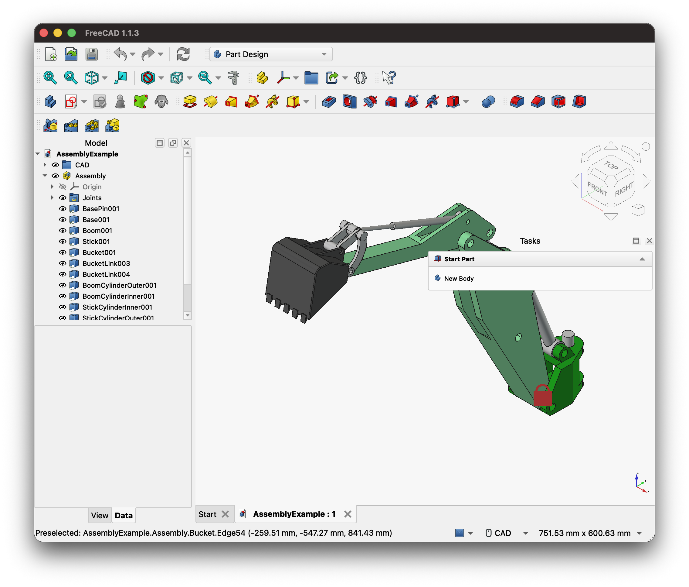 screenshot of a model of a backhoe arm and scoop in FreeCAD