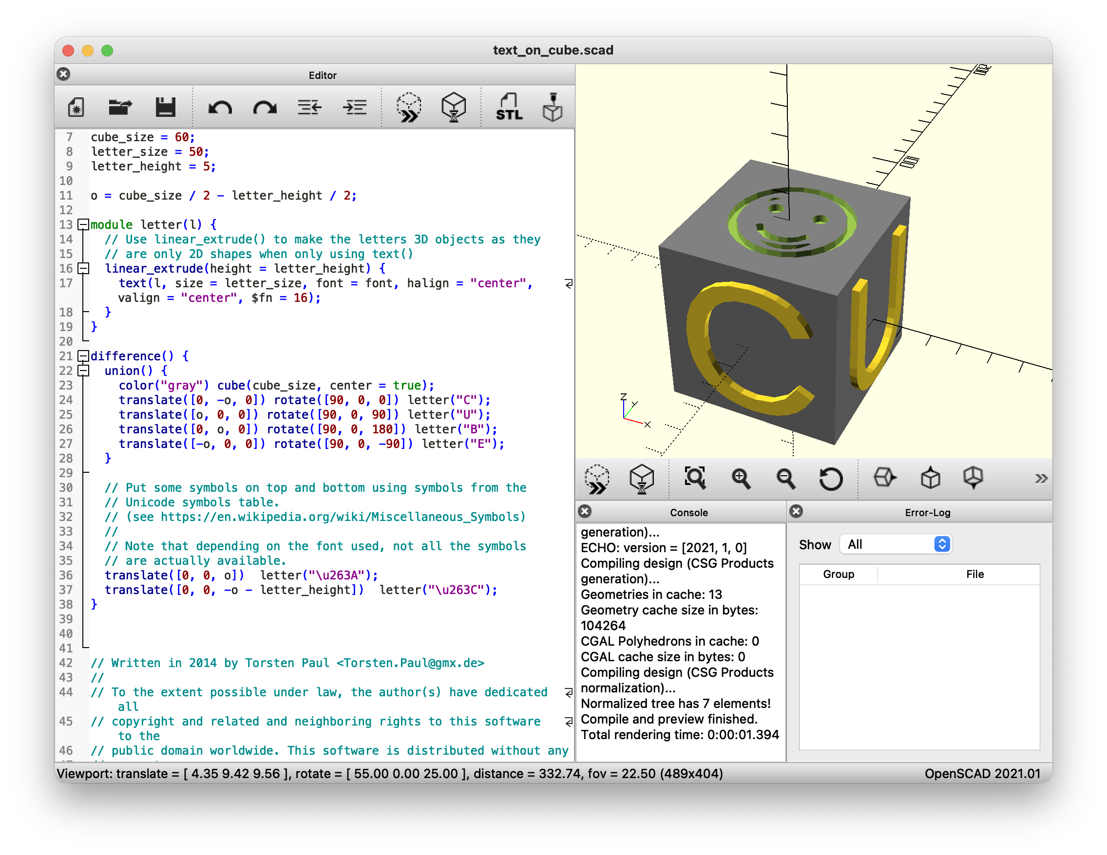 a screenshot showing a mode of a cube with a smiley face and letters C and U visible in OpenSCAD