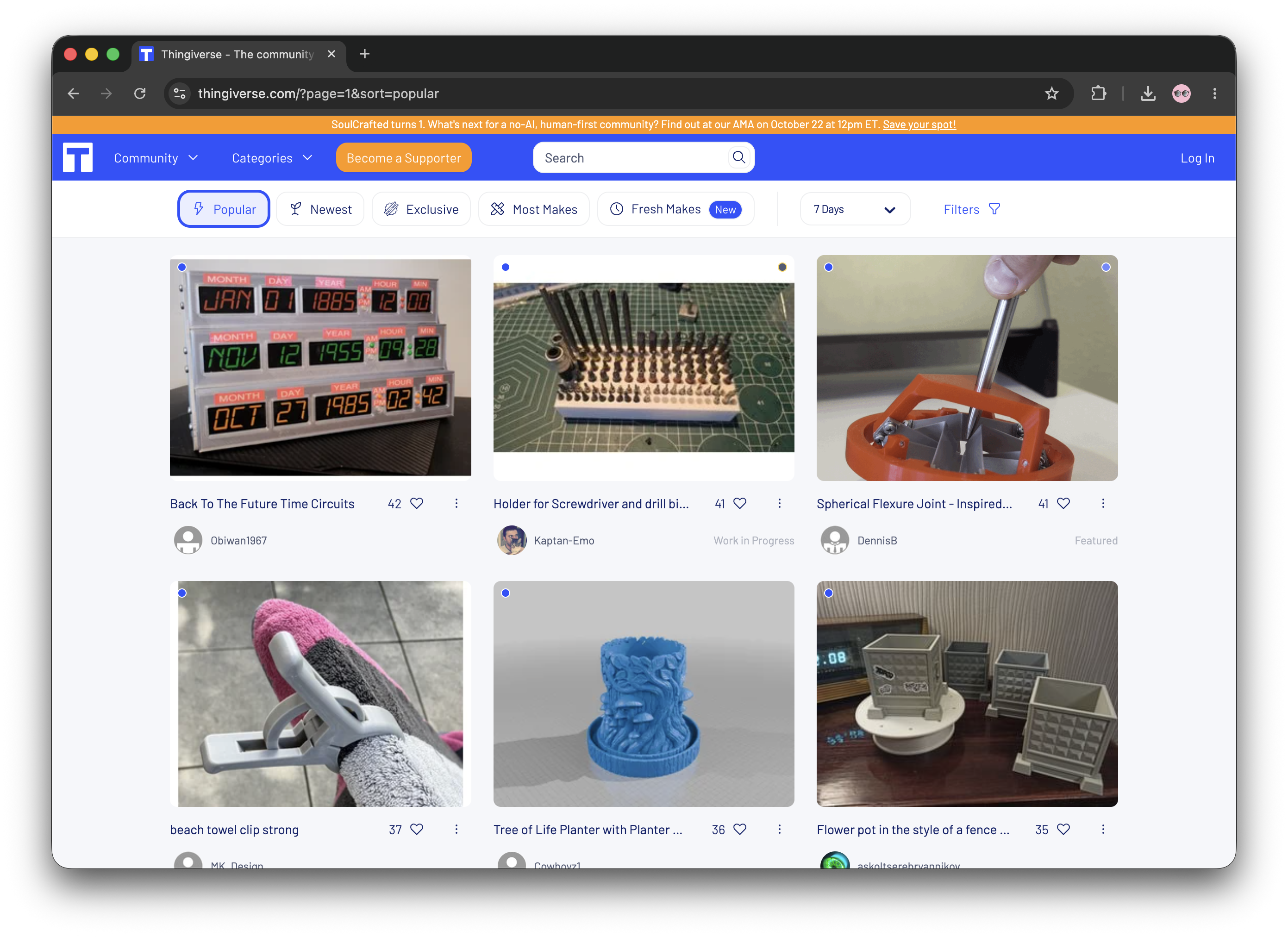 a screenshot showing a grid of 3D models on Thingiverse