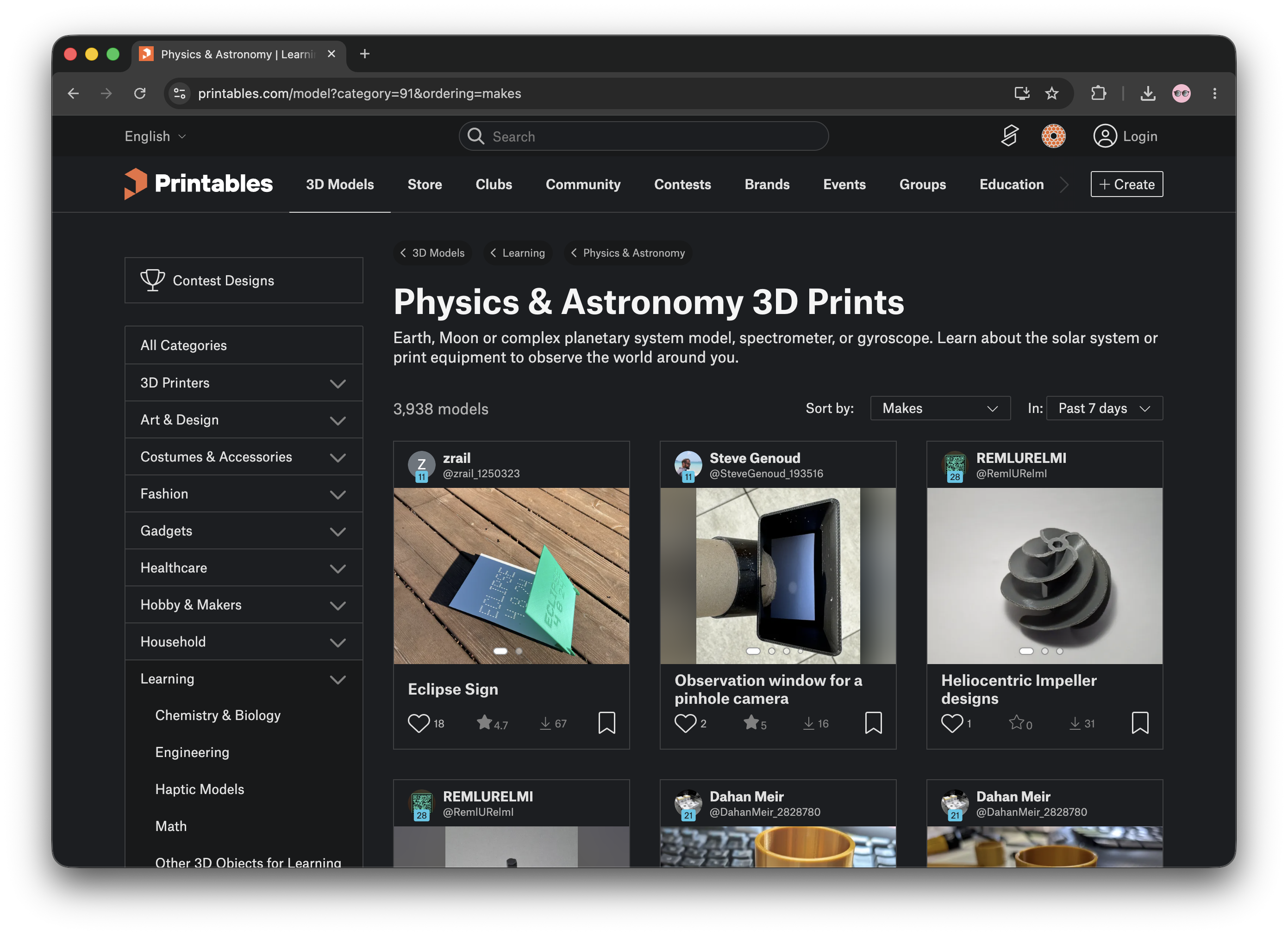 a screenshot showing Physics & Astronomy 3D prints on the Printables homepage