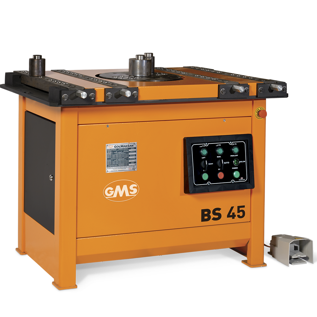 BS 45 GMS inşaat demiri bükme makinası, Ø45 mm’ye kadar kalın demirleri güçlü ve güvenilir şekilde bükmek için tasarlanmıştır.