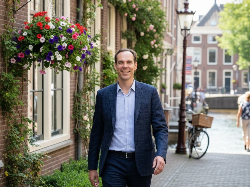 Pallieter Koopmans smiling in a blazer walking on a cobblestone street with flowers and a canal in the background.