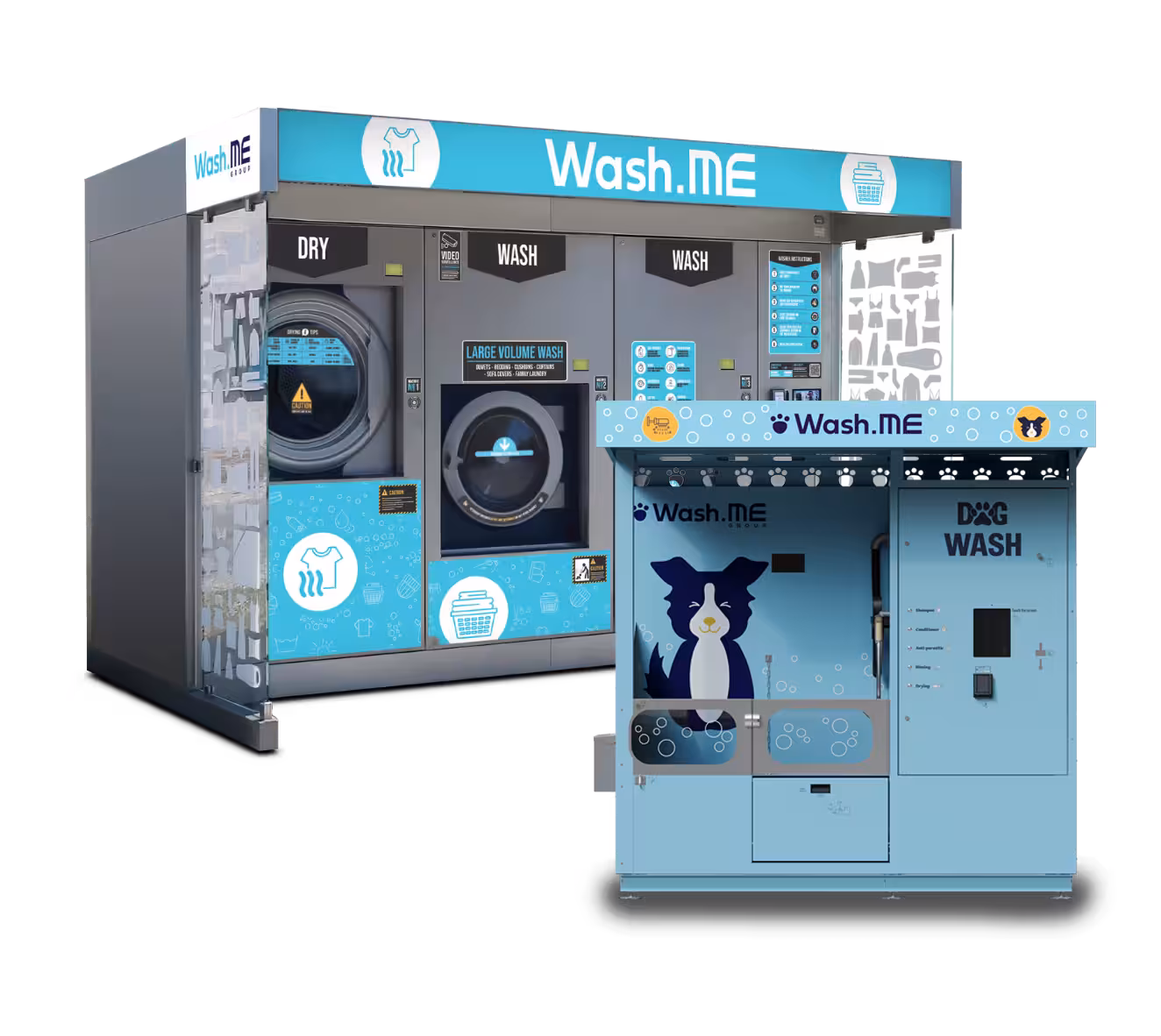 One blue Wash.ME laundry and one Wash.ME Dog Wash machine, including a large volume wash and a separate dog wash station with cartoon dog illustration.