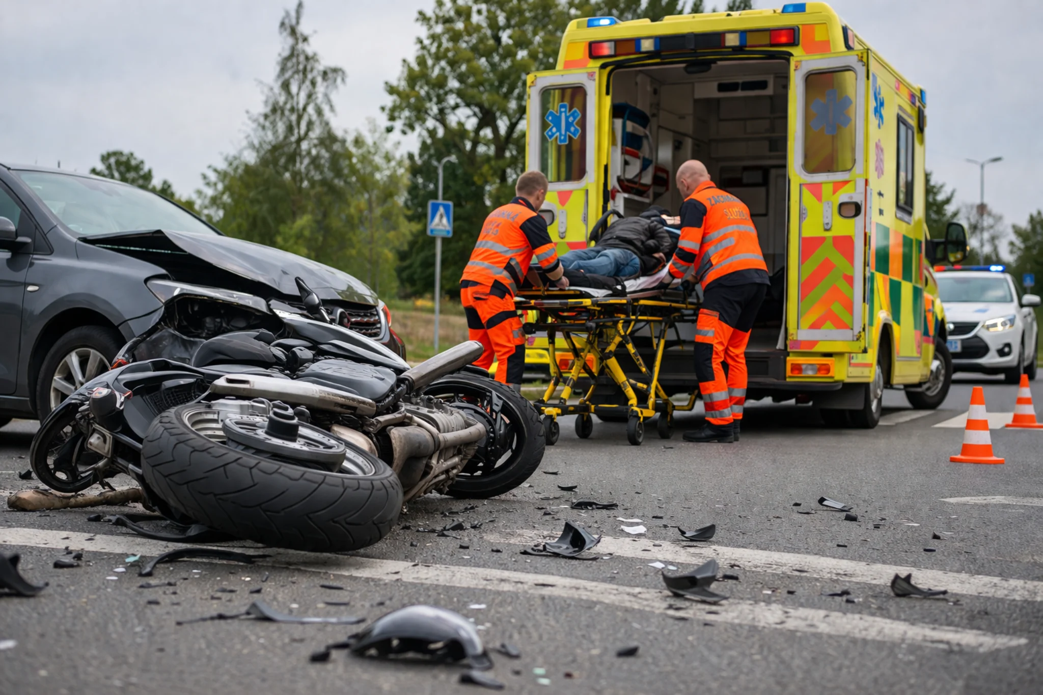 Nehoda na motorce na silnici – ilustrační foto k odškodnění dopravní nehody motocyklisty