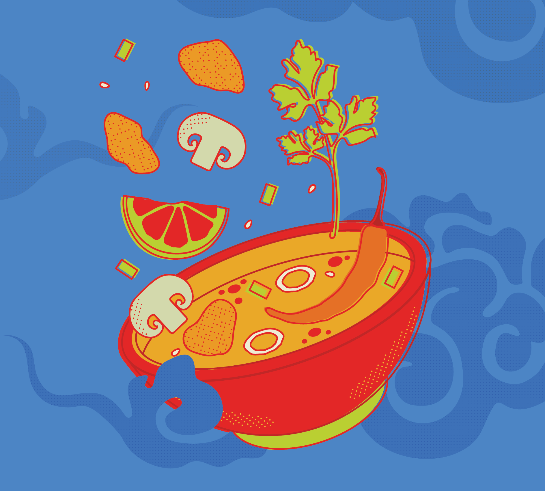 Colorful illustration of Thai dish with ingredients falling into bowl. Background is blue with traditional Thai cloud designs. 