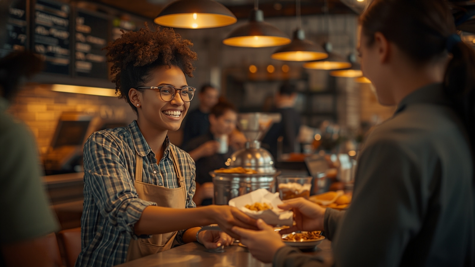 Comptoir de fast-food indépendant chaleureux avec un client souriant recevant sa commande