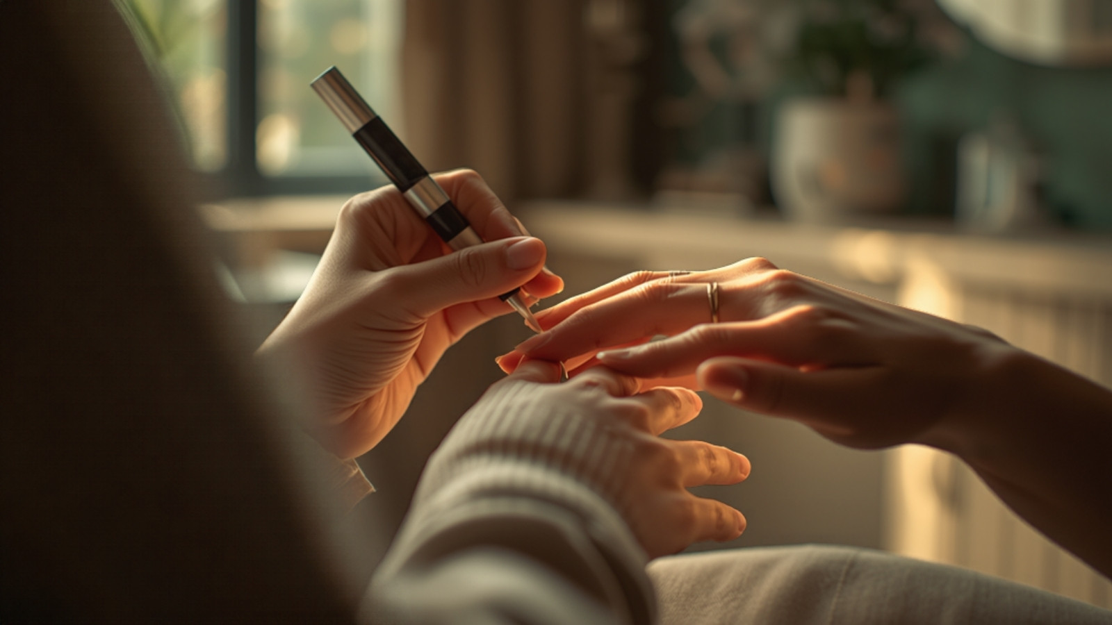 Esthéticienne appliquant du vernis lors d'une manucure professionnelle dans un institut de beauté à l'ambiance chaleureuse et cosy